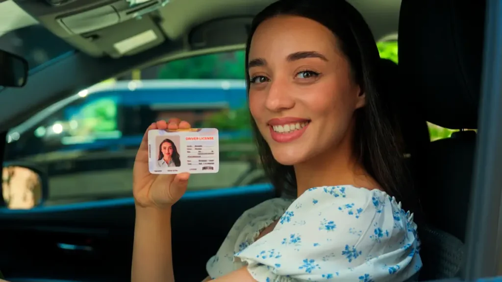 Une femme qui tient un permis de conduire dans sa main en souriant