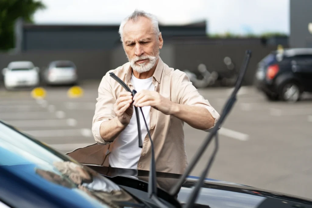 Un homme qui regarde ses essuies glaces de voiture