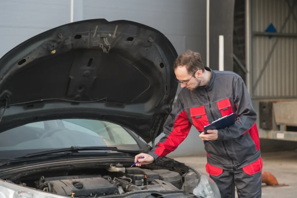 Un homme qui fait un pré-contrôle technique sur une voiture